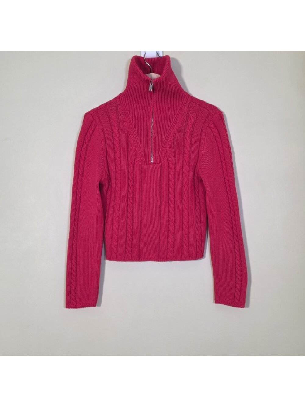 Zara Red Cable Knit Quarter Zip Sweater Women's Size L Chunky Pullover High Neck